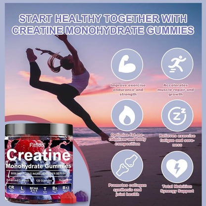 Creatine Monohydrate Gummies 5000mg with L-Carnitine, 120 Count | Containing Taurine for Women & Men, Build Muscle, Boost Energy, Faster Recovery, Sugar Free, Vegan, Raspberry & Blackberry