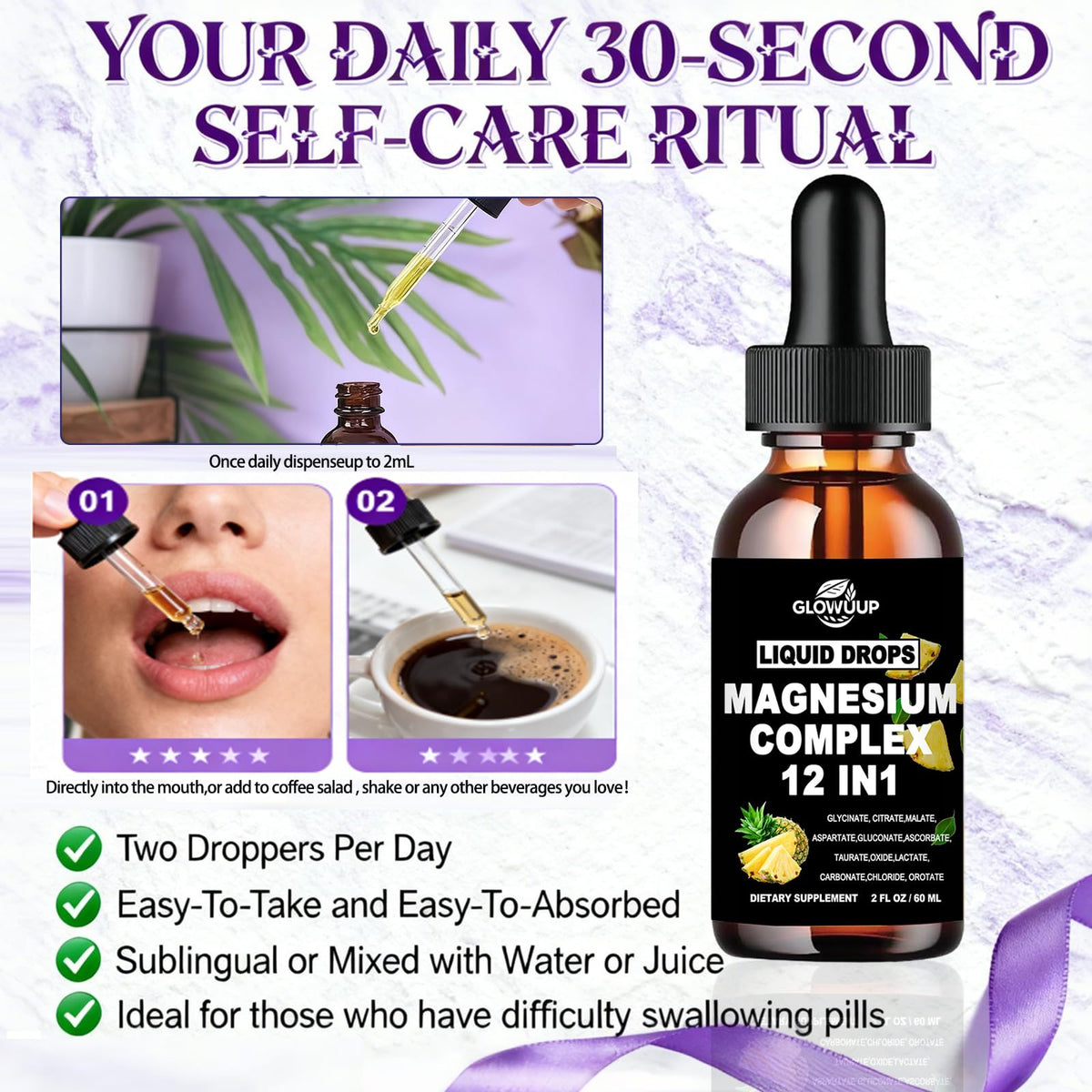 Magnesium 12 in 1 Complex 1000mg Supplement for Women & Men, High Absorption Liquid Magnesium W/Glycinate Citrate Malate Taurate Oxide Aspartate Orotate, Calm Magnesium for Sleep Muscle Heart Support GLOVVUUP buy supplements Au