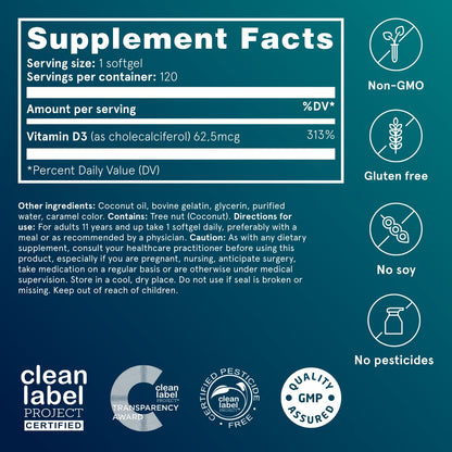 Puori Vitamin D3 Softgels, 2500 IU (62.5 mcg) - Fast Absorbing Vitamin D3 Supplements for Immune System Support, Bone Health & Density and Healthy Muscle Functions - Non-GMO & Gluten-Free - 120 Count Puori buy supplements Au