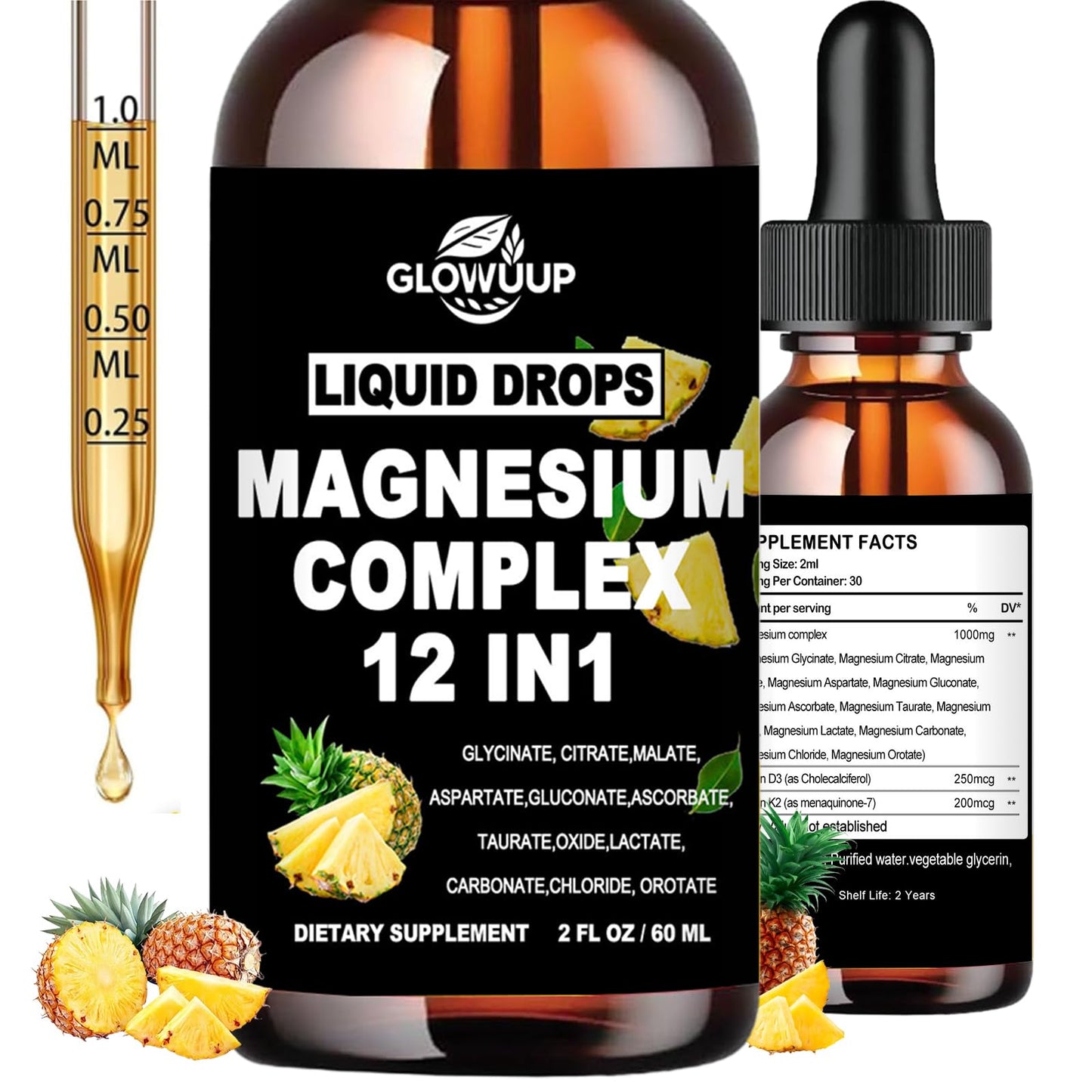 Bottle of Glowuuu Liquid Drops Magnesium Complex 12 in 1 supplement with dropper and pineapple graphics.