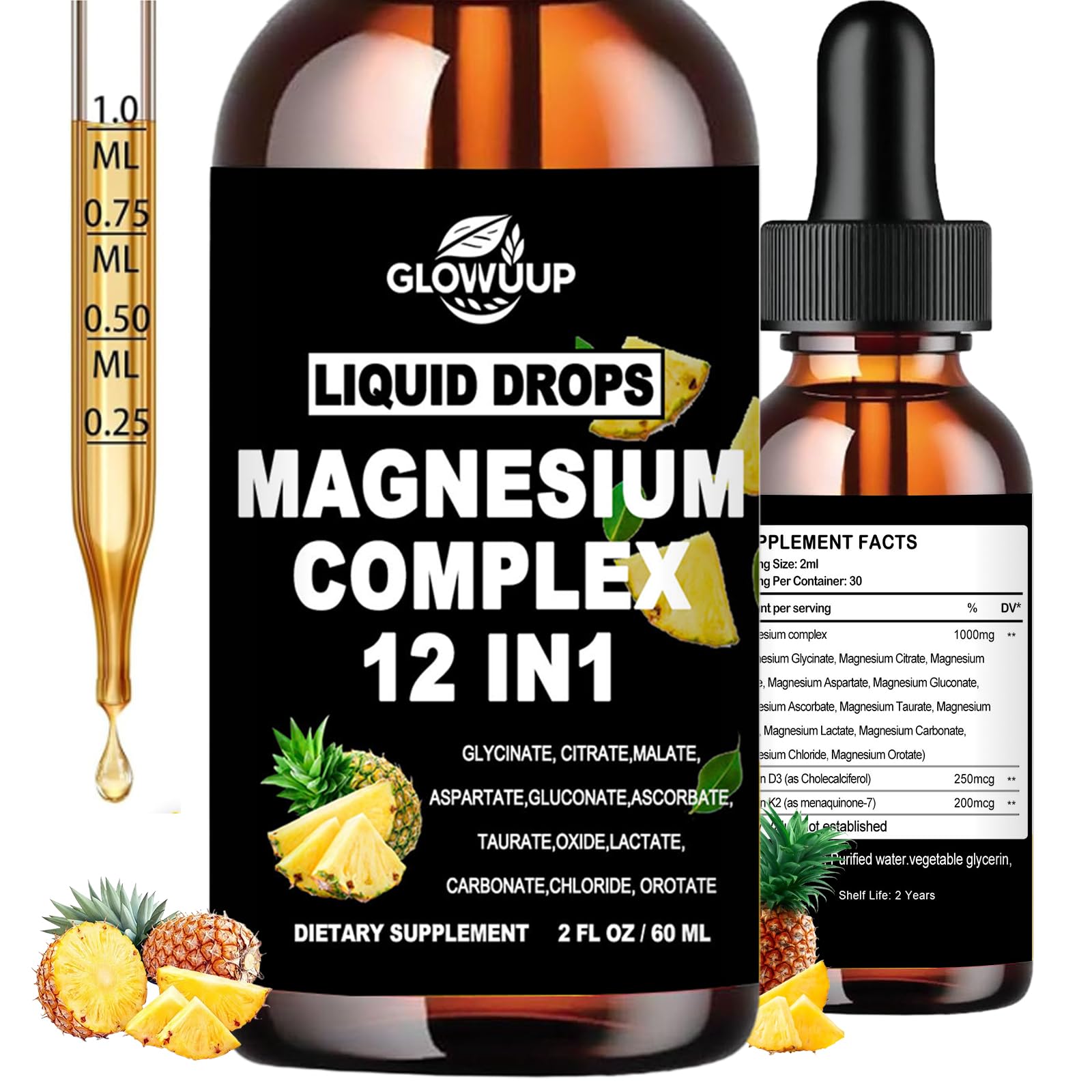 Bottle of Glowuuu Liquid Drops Magnesium Complex 12 in 1 supplement with dropper and pineapple graphics.