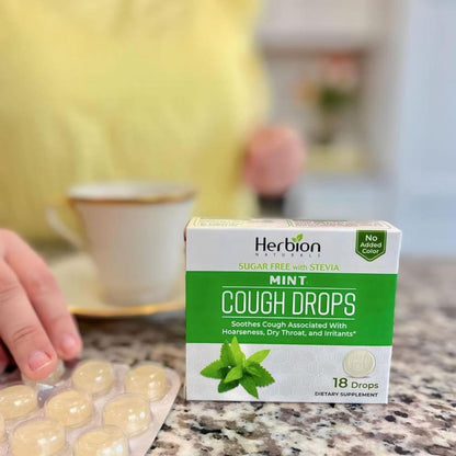 HERBION Naturals Cough Drops, Sugar Free with Stevia, Dietary Supplement, Soothes Cough, for Adults & Children Over 6 Years, 18 Count, Mint, Pack of 1