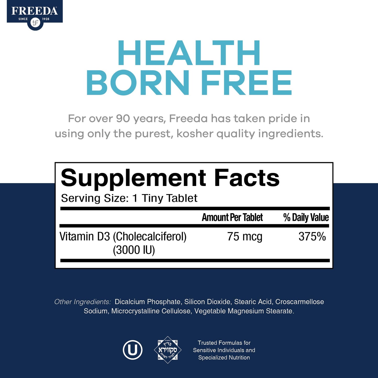 FREEDA Vitamin D3-3000 IU - Pure High Potency Kosher Supplement Tablets - Bone and Muscle Health, Calcium Absorption, Immune Support for Men and Women* - 100 Tiny Tablets | Supports Bone, Muscle & Immune Health – Helps Calcium Absorption – Easy-to-Swallow