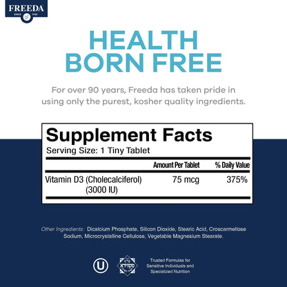 FREEDA Vitamin D3-3000 IU - Pure High Potency Kosher Supplement Tablets - Bone and Muscle Health, Calcium Absorption, Immune Support for Men and Women* - 100 Tiny Tablets | Supports Bone, Muscle & Immune Health – Helps Calcium Absorption – Easy-to-Swallow