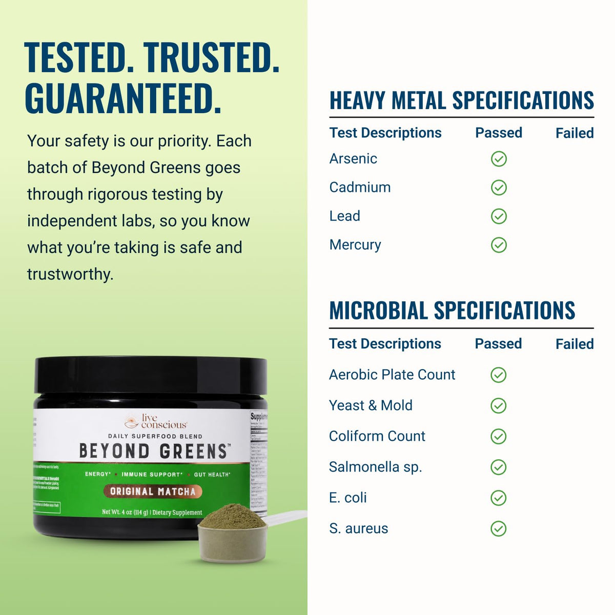 Live Conscious Beyond Greens Superfood Powder - Delicious Debloating Super Greens Powder - Matcha Greens Blend w/Chlorella, Echinacea, Probiotics for Immune Support & Energy