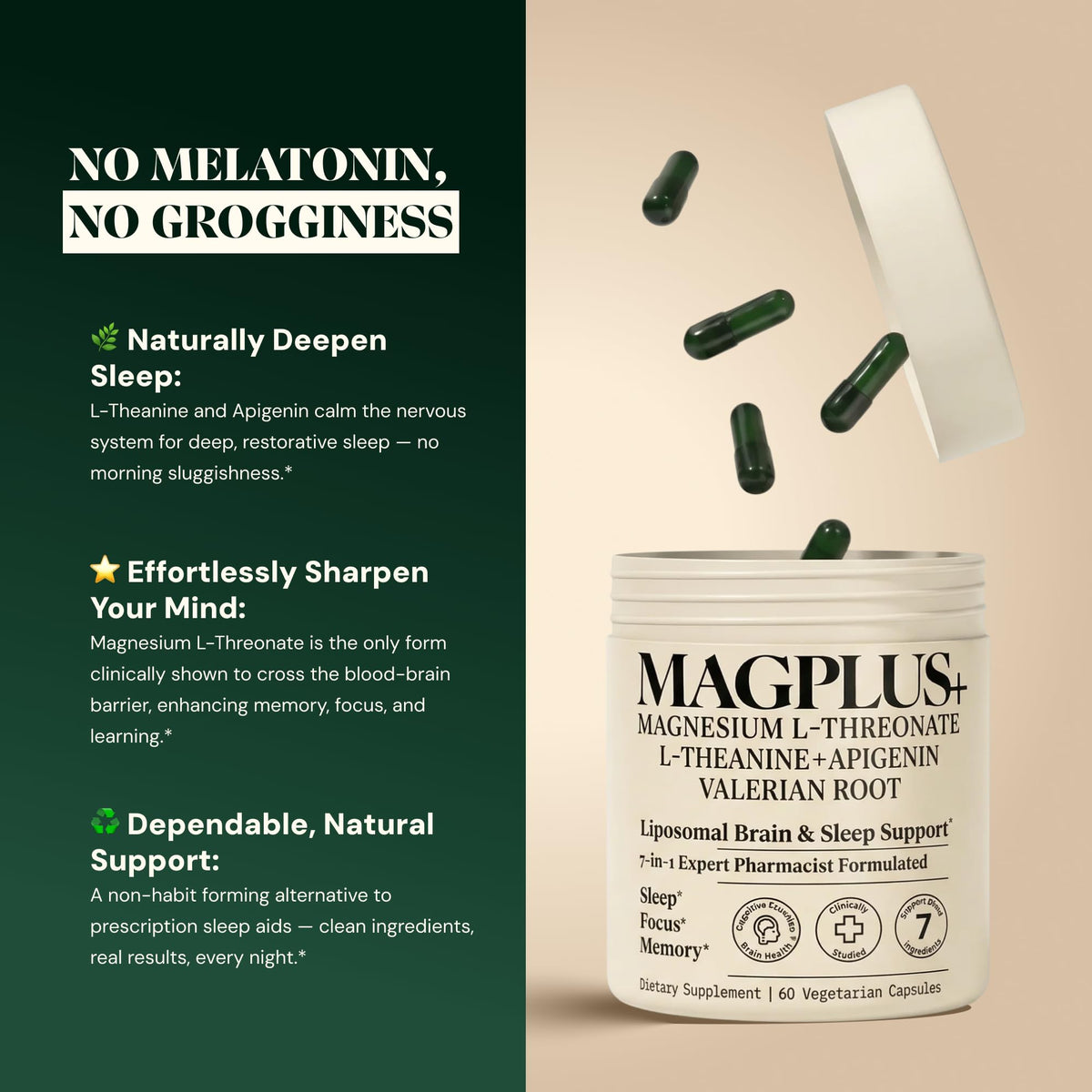 Magnesium L-Threonate with Apigenin, Valerian Root & L-Theanine – No Melatonin Restful Sleep & Brain Supplement – Clinically Studied 7-Ingredient Formula