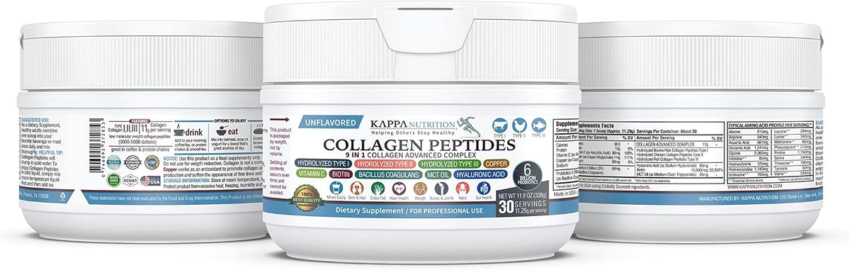 KAPPA NUTRITION Collagen Type I, II, III, 6 Billion Probiotic Acid Resistance, Hyaluronic Acid, Vitamin C, Biotin, Copper and MCT Oil, Beautiful Hair, Nails, & Skin, Collagen Peptides 9 in 1 (11.9oz)