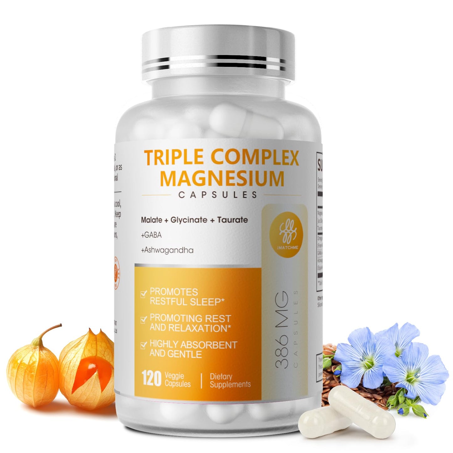 Bottle of Triple Complex Magnesium Capsules with packaging elements on a white background