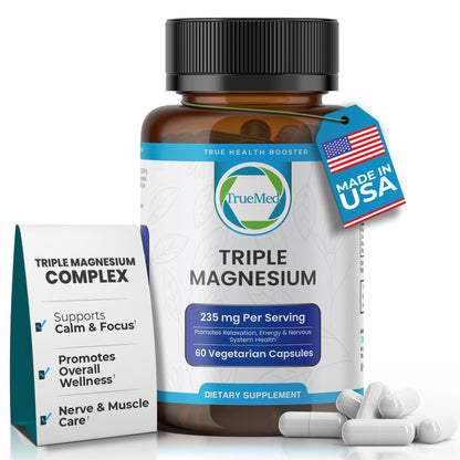 Supplement bottle labeled 'Triple Magnesium' by TrueMed with packaging and capsules on a white background.