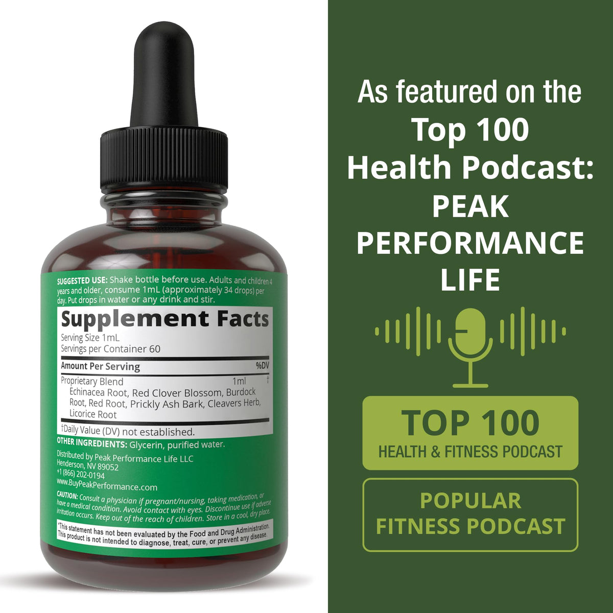 Peak Performance Lymphatic Drainage Drops. Sugar Free 7-in-1 Lymph Detox and Cleanse Support. Vegan Supplement with Echinacea, Red Clover Blossom, Burdock Root, Cleavers Herb, Licorice Root, and More