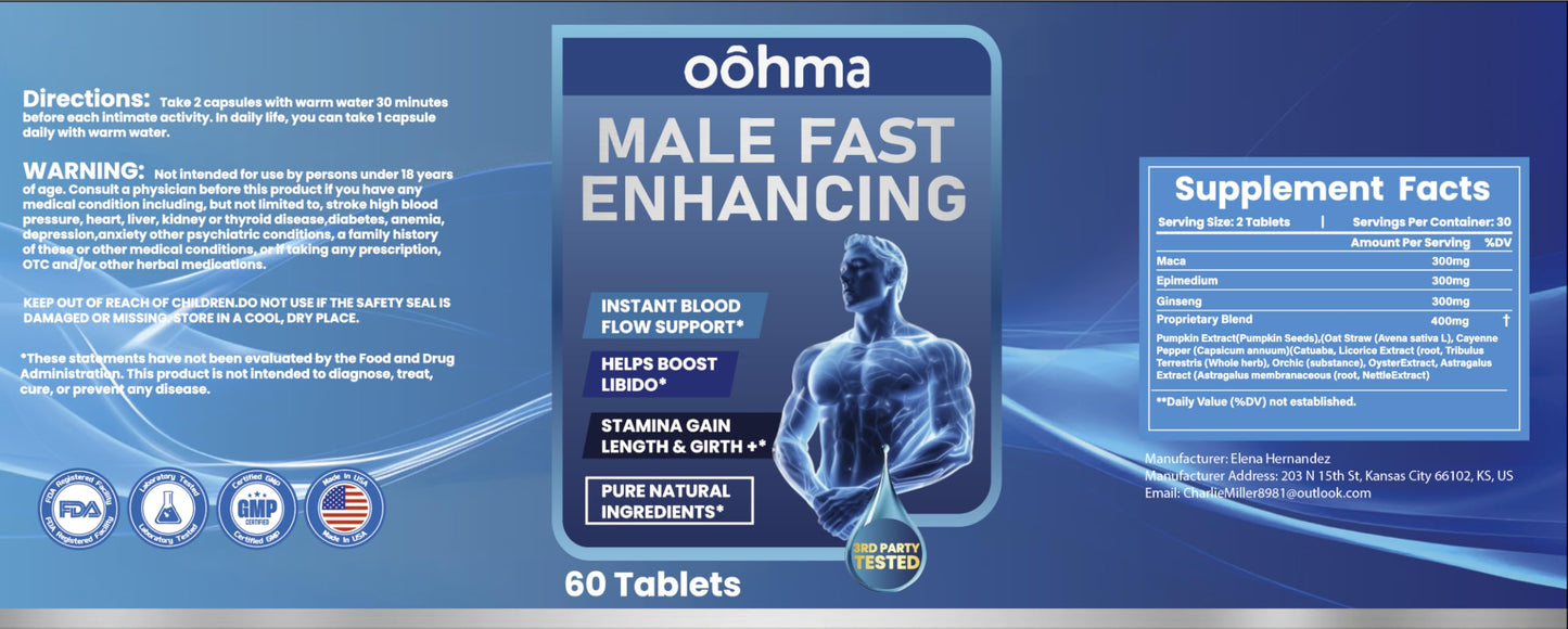 Oohma New Male Enhancing Supplement, Designed to be Fast Acting for Blood Flow to Gain Length & Girth + Stamina, Maca, Epimedium, and Other Natural Ingredients, 3rd Party Tested Supplement 60 Tablets Oohma buy supplements Au