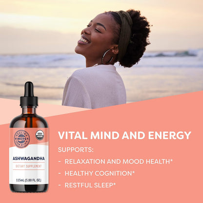 Vimergy USDA Organic Ashwagandha Liquid Extract – 57 2mL Servings (220mg Extract per Serving). Stress Adaptogen, Cognitive & Sleep Support. Alcohol-Free, Non-GMO (115 mL)