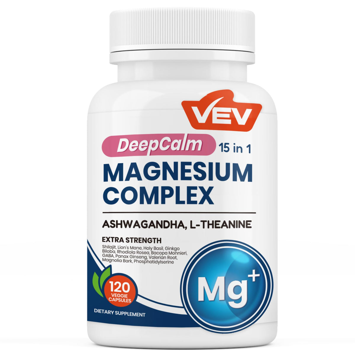 Supplement bottle labeled 'DeepCalm Magnesium Complex' with VEV branding on a white background