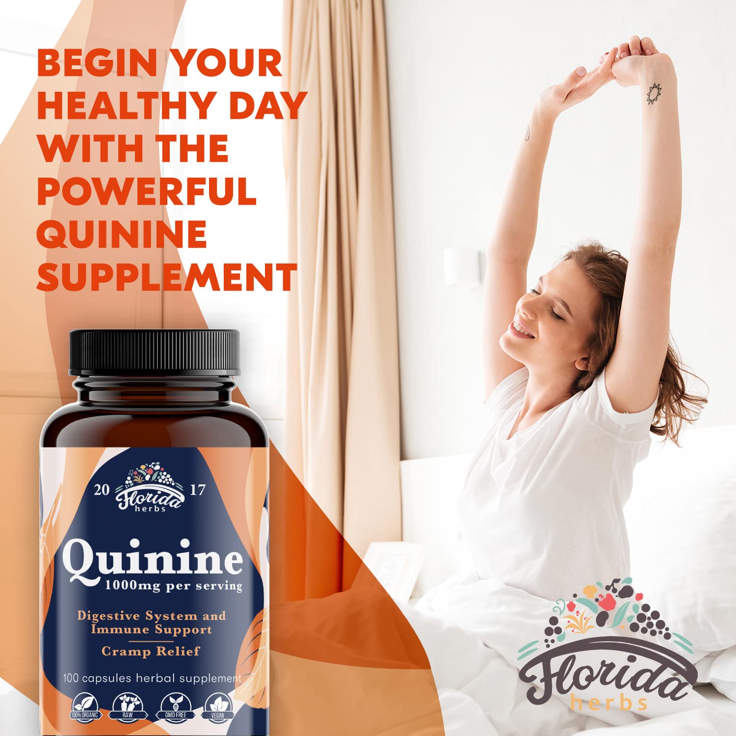 FLORIDA HERBS Quinine for Leg Cramps 1000 mg - 110 Capsules - Cinchona Bark Extract Supplement - Quinine Capsules - Vegan, Non - GMO FLORIDA HERBSBuy Supplements Australia