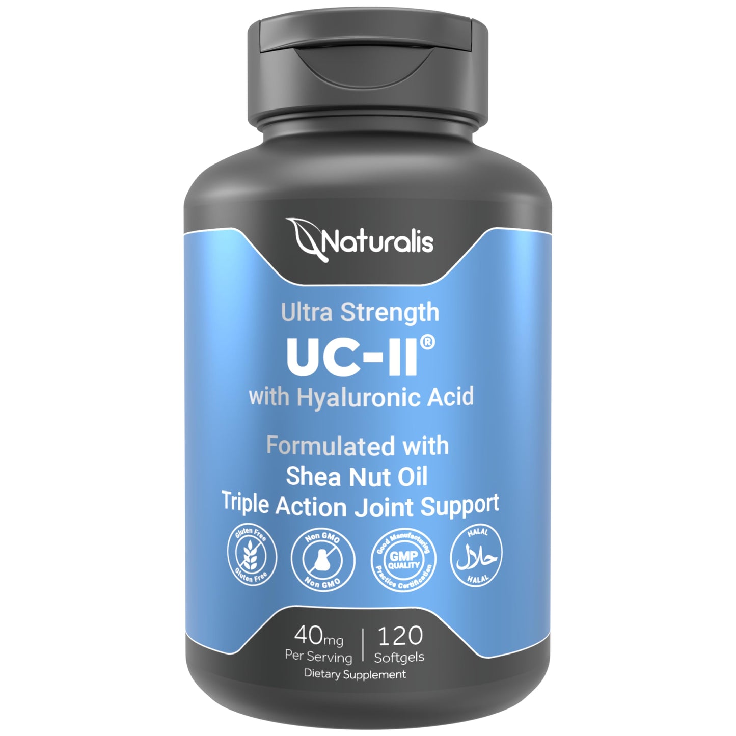 Naturalis UC-II 40 mg with Hyaluronic Acid and Shea Nut Oil | Enhanced Undenatured Type II Collagen for Better Joint Health, Mobility & Flexibility
