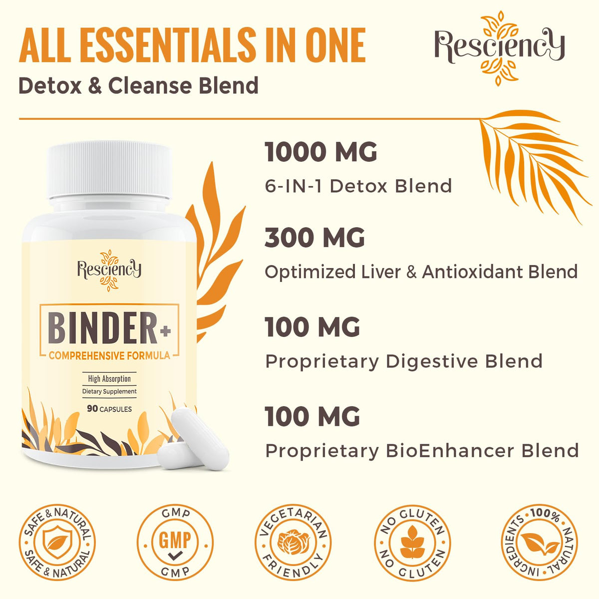Resciency Detox Binder Supplement – Activated Charcoal, Zeolite, Bentonite Clay, Milk Thistle, Proprietary Blends - Liver & Gut, Max Absorption, 90 Vegan Capsules