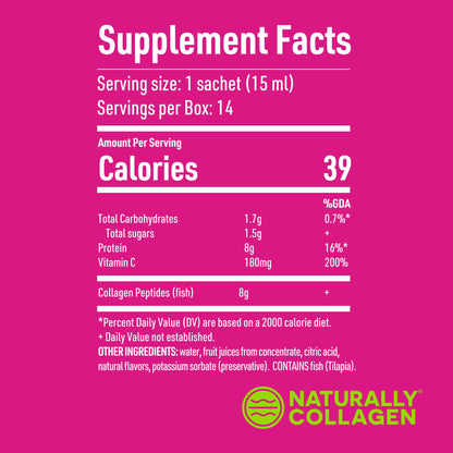 Naturally Collagen - Premium Hydrolyzed Liquid Marine Collagen Supplement - 8000mg of Collagen per Sachet Plus 180mg VIT C - Natural Tropical Fruit Flavour - 14 Sachets per Box Naturally Collagen buy supplements Au