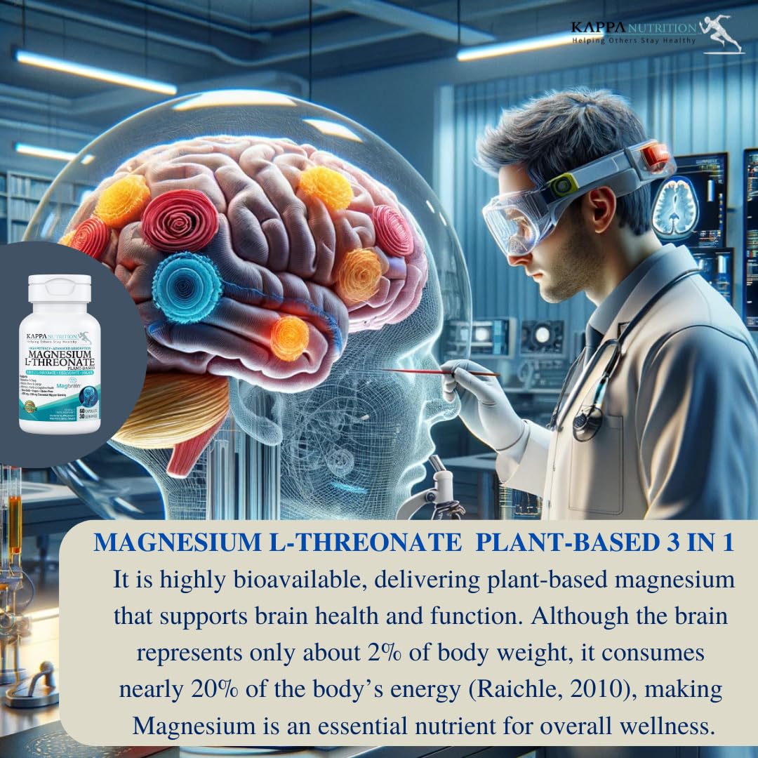 Kappa Nutrition Powered by Magbrain™ Magnesium L-Threonate Plant-Based, 60 Vegan Capsules, 420mg Elemental Magnesium (3 Capsules) from 2,253mg