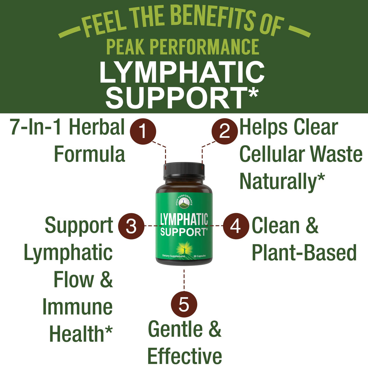 Peak Performance Lymphatic Drainage Drops. Sugar Free 7-in-1 Lymph Detox and Cleanse Support. Vegan Supplement with Echinacea, Red Clover Blossom, Burdock Root, Cleavers Herb, Licorice Root, and More