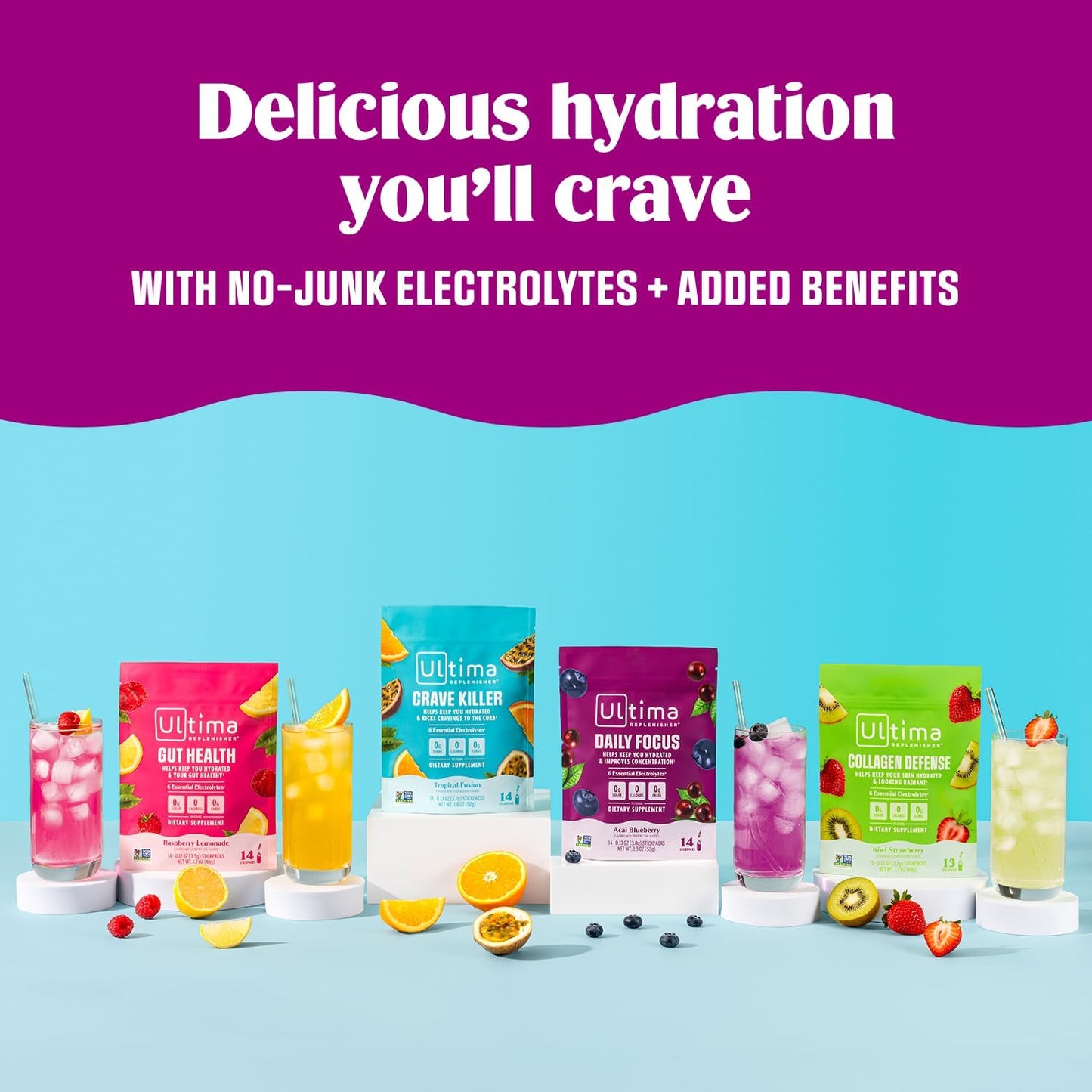 Ultima Replenisher Collagen Defense, Kiwi Strawberry, 13 Stickpacks | Daily Zero Sugar Supplement & Electrolyte Powder Hydration Packets with 6 Key Electrolytes, Dermaval & Biotin for Skin Health
