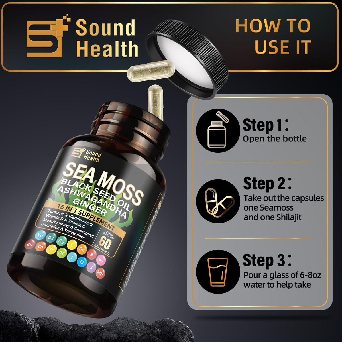 Sea Moss Capsules with Ashwagandha, Turmeric, Bladderwrack, Vitamins C & D for Natural Energy, Sleep Support & Hair Growth, 1200mg Herbal Blend, for Man & Women, Third-Party Tested，16-in-1 Supplement SoundHealthBuy Supplements Australia