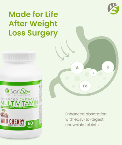 BariSlim Advanced Chewable Bariatric Multivitamin Tablets - Bariatric Vitamin and Supplement for Post Bariatric Surgery Including Gastric Bypass and Gastric Sleeve | Wild Cherry (60 Count) BariSlim buy supplements Au