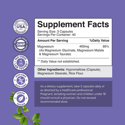Triple Magnesium Complex Supplement - High Absorption Magnesium Glycinate, Malate & Taurate Blend for Muscles, Energy Support & Heart Health - Triple Mg Complex 400 mg Capsules - 120 Count Natures Craft buy supplements Au