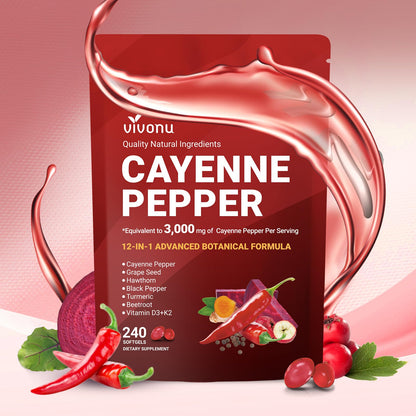VivoNu Cayenne Pepper Softgels Supplement, Supports Leg Vein, Heart and Blood Vessel Health, with Vitamin E D3+K2 and Extracts of Grape Seed, Hawthorn