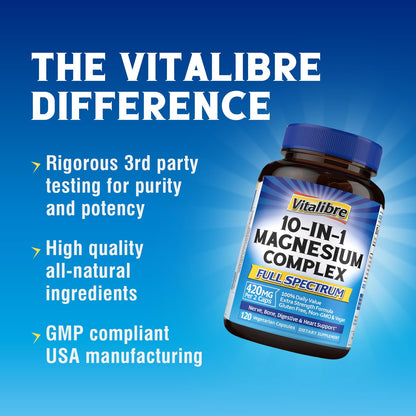 Vitalibre 10 in 1 Magnesium Complex, 420mg Elemental Magnesium | Ultra Strength, Max Absorption | Chelated Magnesium Supplement for Nerves, Bone & Heart Health | Non-GMO, 120 Vegan Capsules Vitalibre buy supplements Au