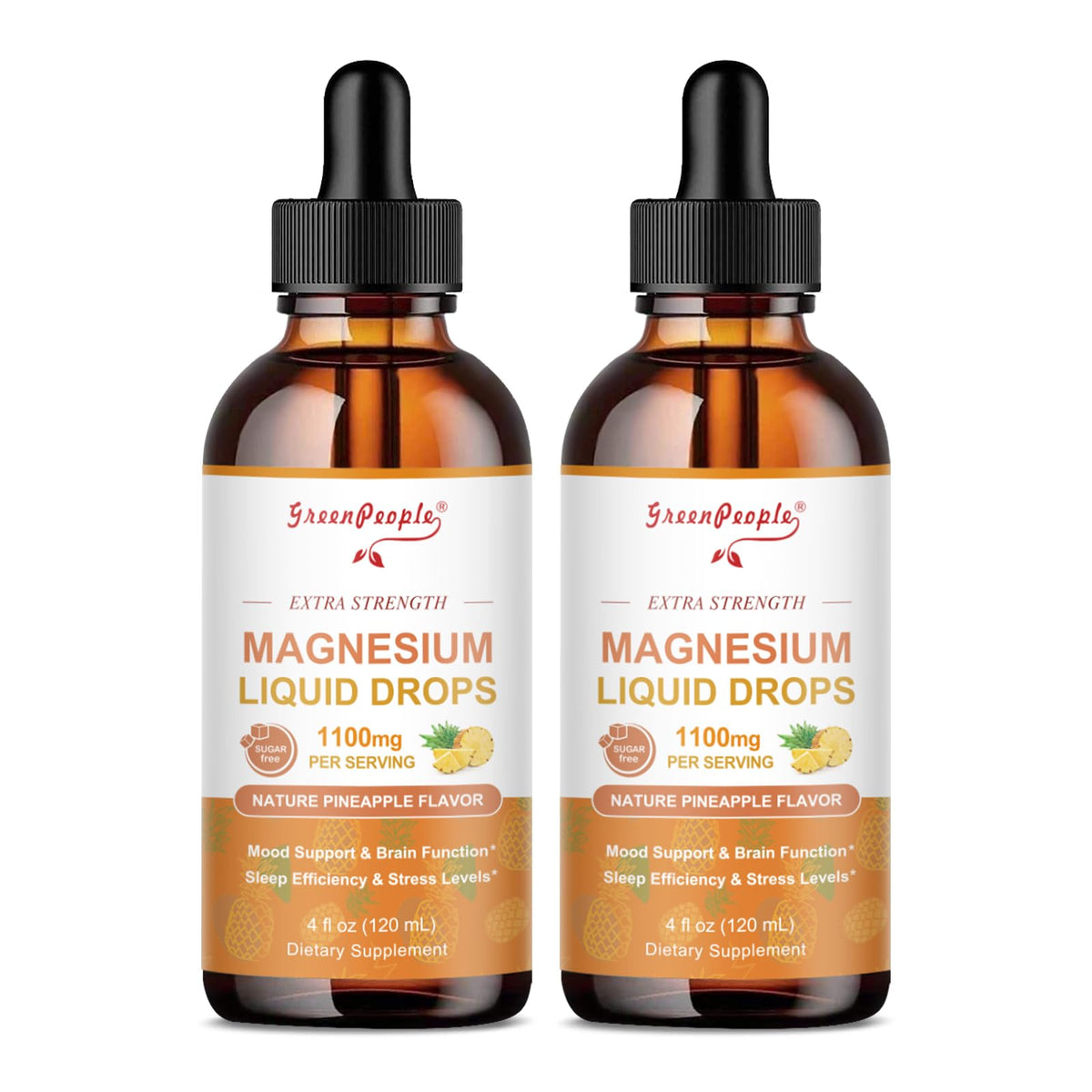 Two bottles of Green People magnesium liquid drops on a white background