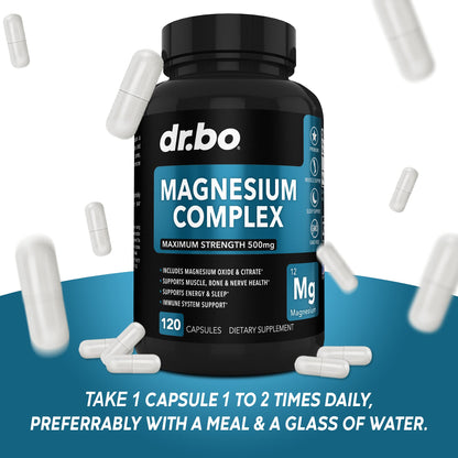 Magnesium Complex Supplement Capsules 500mg - Support Energy, Relaxation, Leg Cramps & Legs - Help Aid Muscle Support Supplements - High Absorption Premium Mag Citrate Oxide - 120 Capsules DR. BO buy supplements Au