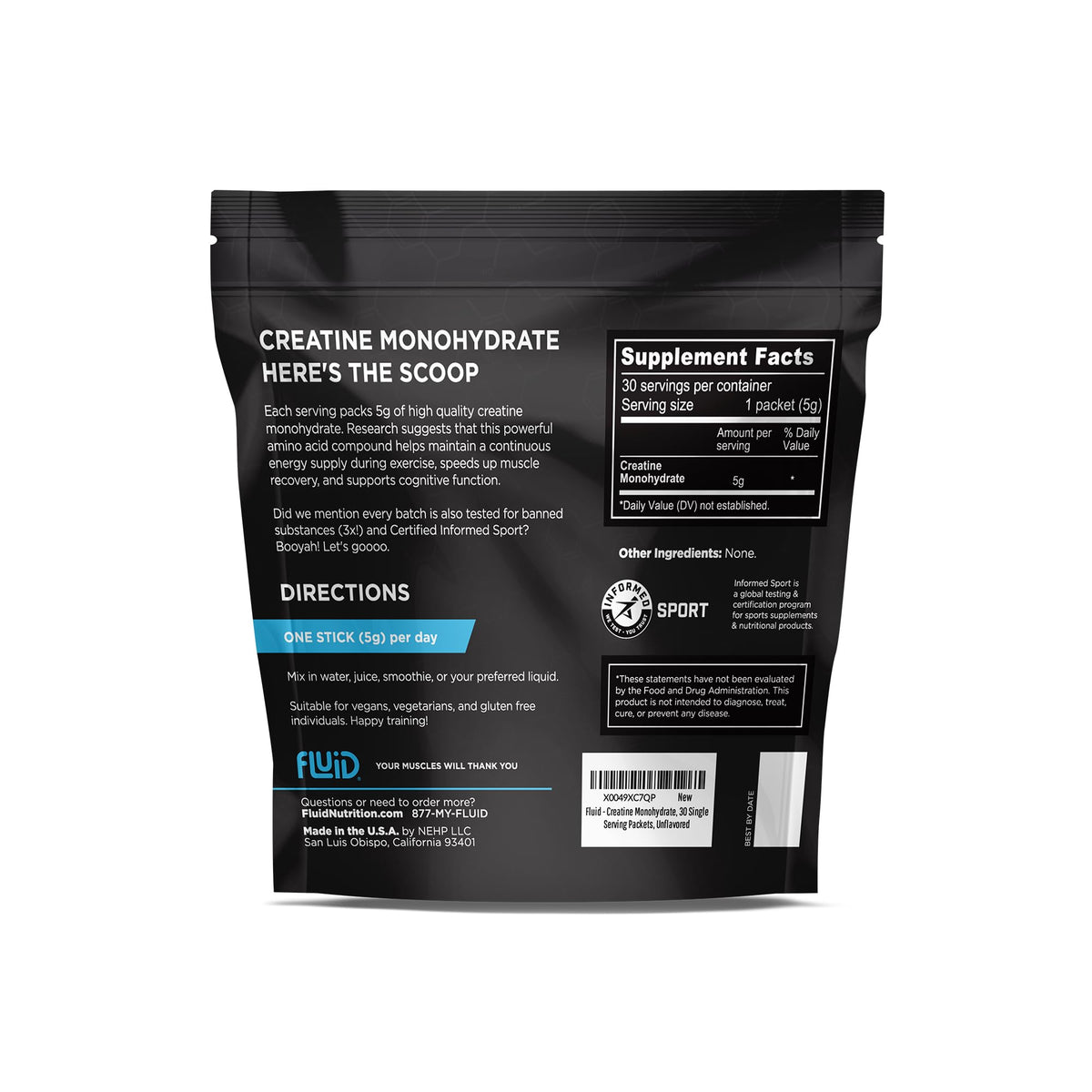 Fluid Creatine - Informed Sport Certified | Ultra-Fine Micronized 100% Creatine Monohydrate Powder | Unflavored | 5g Travel Stick Packs | 30 Servings Fluid buy supplements Au