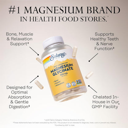 SOLARAY Magnesium Glycinate Capsules, Chelated Magnesium Bisglycinate w/BioPerine, Higher Absorption Magnesium Supplement - Bones, Muscles, Heart Support, Vegan (30 Servings, 120 VegCaps)
