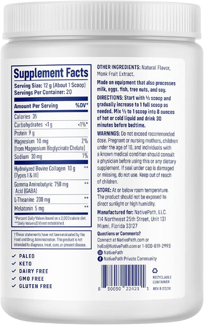 NativePath Collagen PM Honey Chamomile with Melatonin, 20 Servings | Grass-Fed Peptides, Magnesium, GABA & L-Theanine, Supports Restful Sleep, Skin & Hair, No Added Sugar