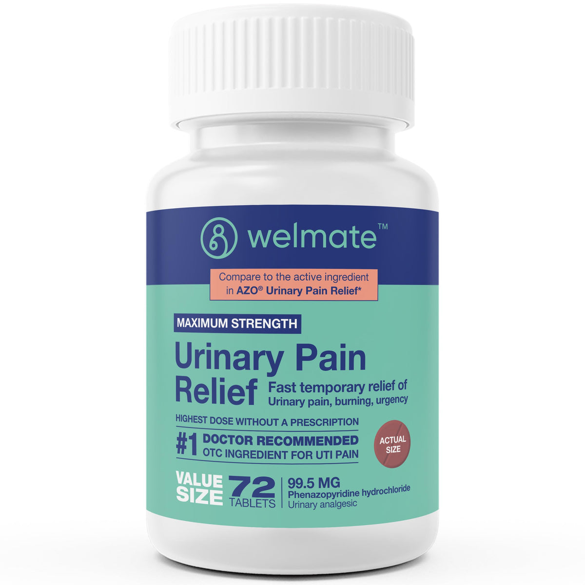 WELMATE Urinary Pain UTI Relief Maximum Strength (Phenazopyridine HCL) - Improve Urinary Tract Health & Bladder Control, Urgency, & Discomfort | Over-The-Counter Medication for Men & Women (72 Pills) WELMATEBuy Supplements Australia