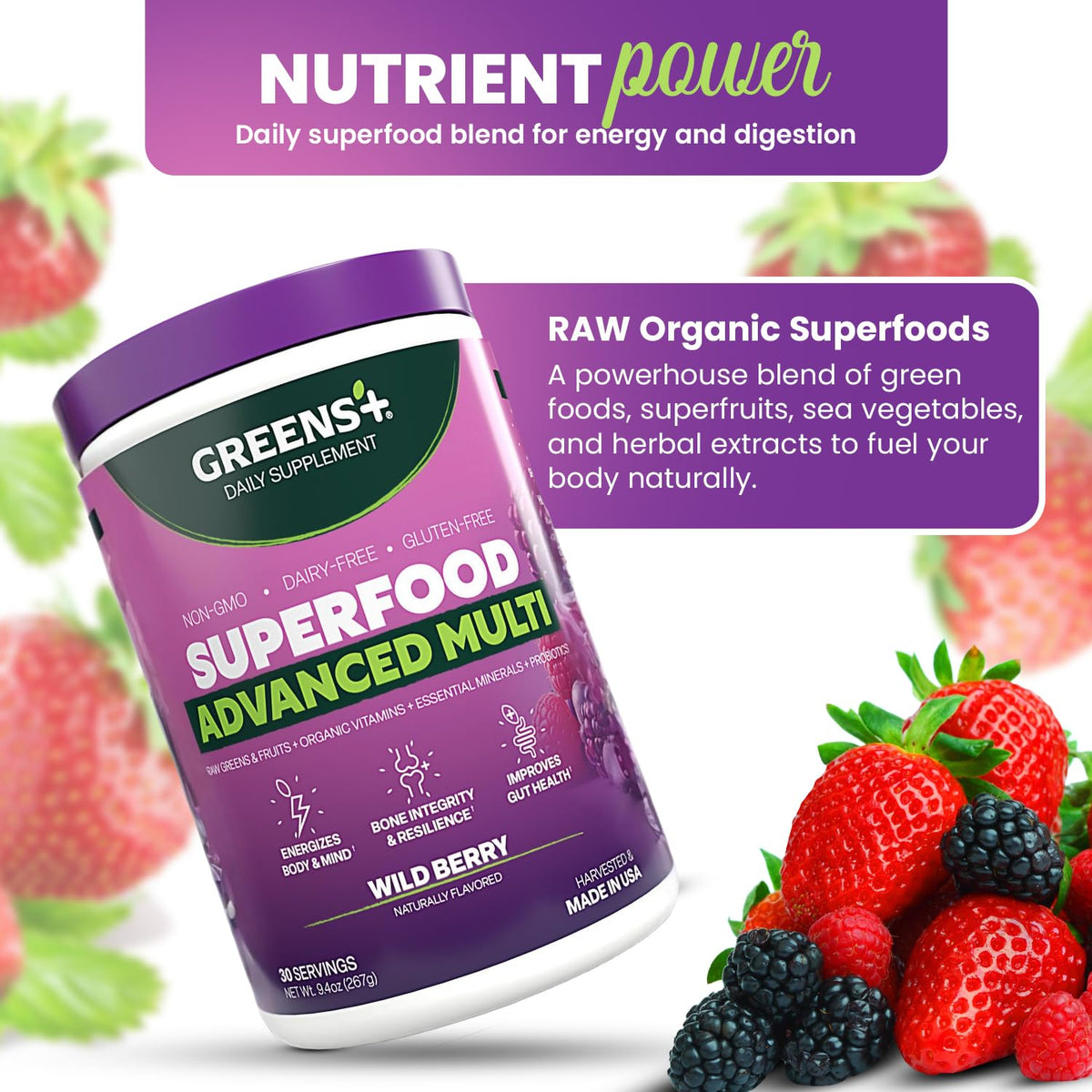 Greens+ Advanced Multi Wild Berry Superfood Powder, Organic Blend, Vegan, Non-GMO, Soy-Free, Dairy-Free, Gluten-Free, Dietary Supplement with Vitamins & Minerals, 9.4 oz Greens+Buy Supplements Australia