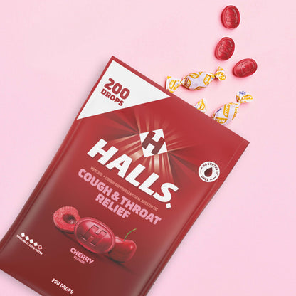 HALLS Cough and Throat Relief Cherry Cough Drops, Bulk Pack, 200 Drops