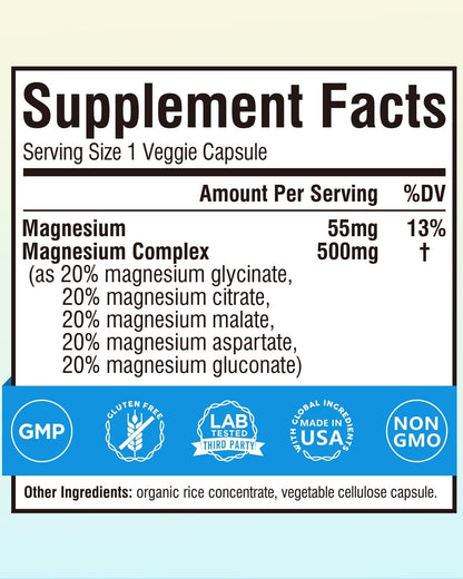 Terranics 5-in-1 Magnesium Complex Supplement 500mg - 5 Forms High Absorption Magnesium Glycinate Citrate Malate Aspartate Gluconate for Sleep Heart Health - Non-GMO 120 Vegan Capsules Terranics buy supplements Au