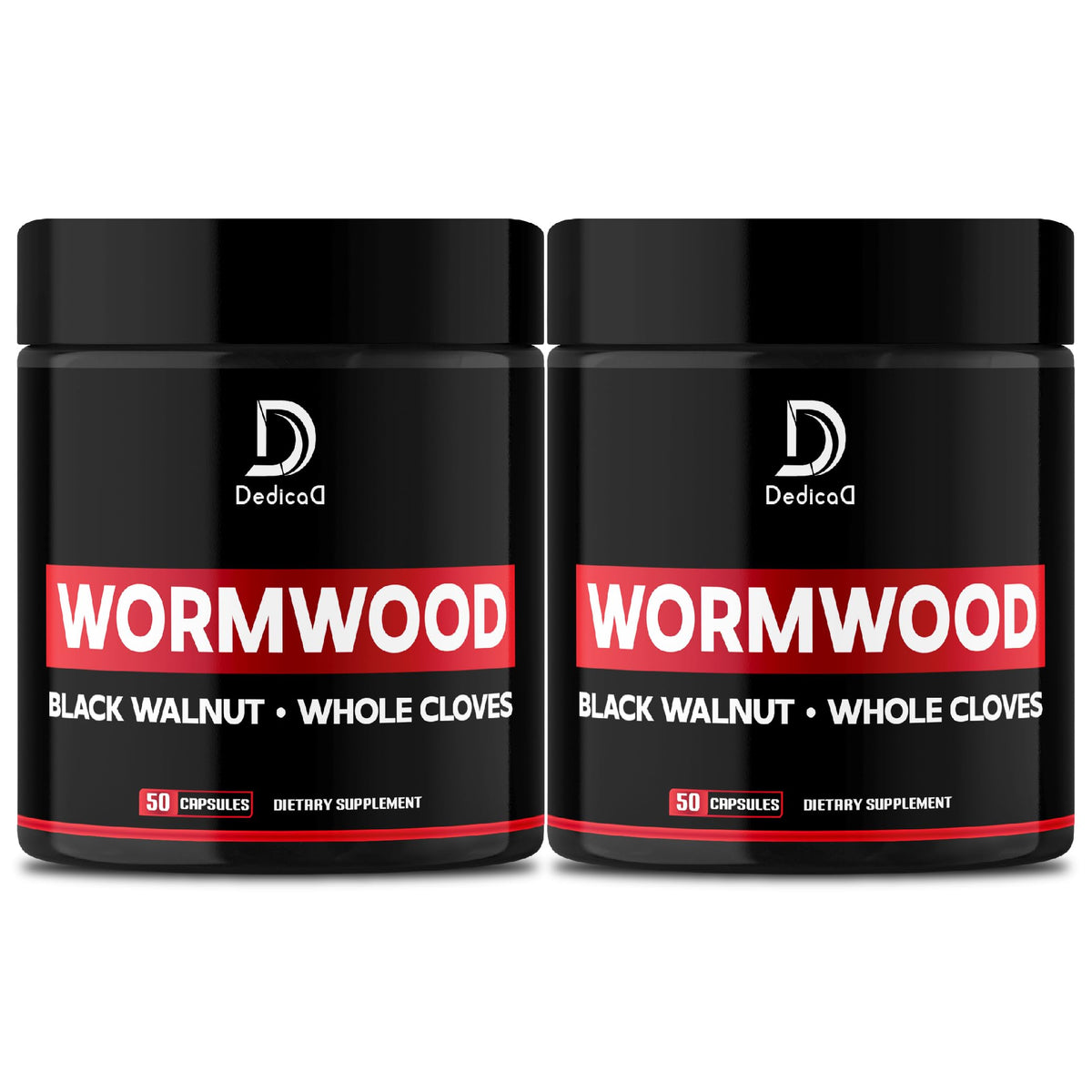 Two black jars of 'Wormwood' dietary supplement with red labels on a white background.