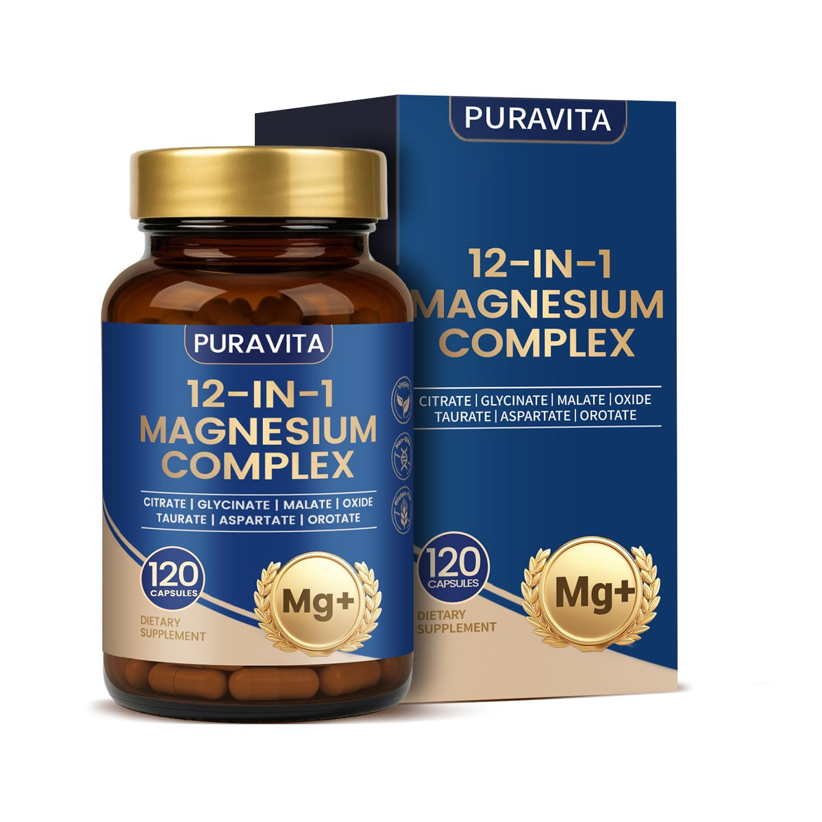 Puravita 12-in-1 Magnesium Complex bottle and packaging on a white background