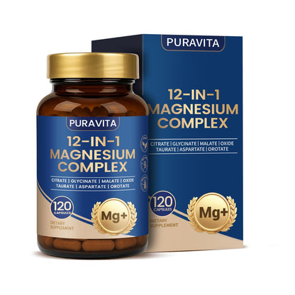 Puravita 12-in-1 Magnesium Complex bottle and packaging on a white background