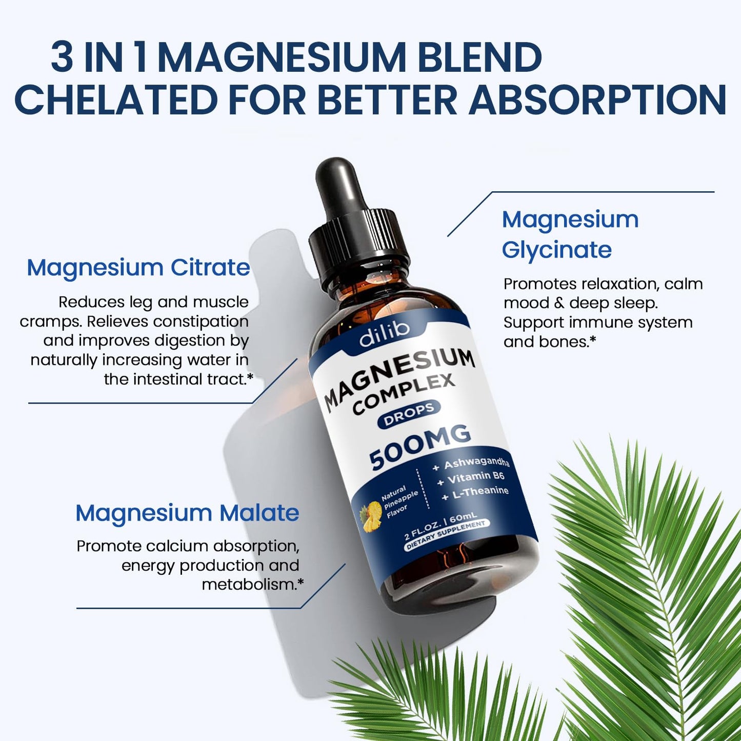 Triple Magnesium Complex Supplement-Magnesium Glycinate, Citrate, Malate Liquid Drops 500mg with Ashwagandha, L-Theanine, Vitamin B6 for Calm, Stress Relief, Sleep, Muscle Support-Pineapple Flavor dilib buy supplements Au