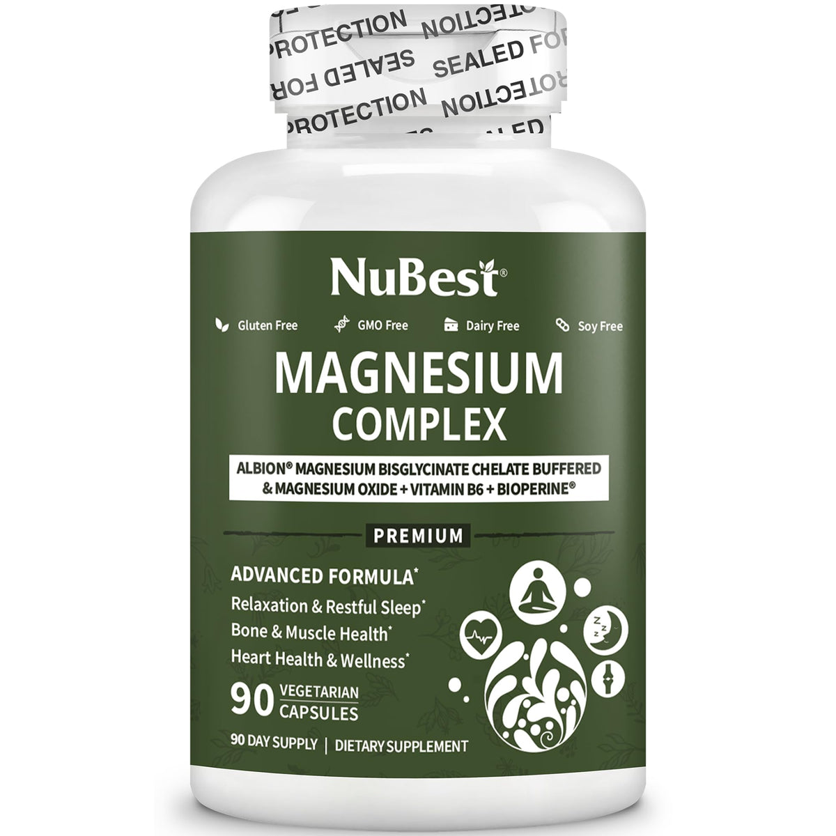 Magnesium Glycinate Chelate Complex with Albion Magnesium Bisglycinate Chelate, Vitamin B6 & BioPerine for Bone, Muscle, Natural Sleep,