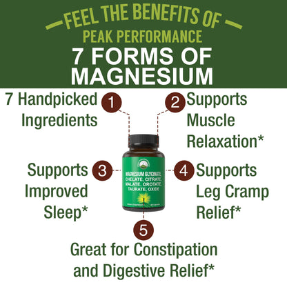 Magnesium Glycinate + Citrate + Malate + Chelate + Orotate + Taurate + Oxide. 7 Forms of Magnesium Complex. 500mg Supplement Capsules for Women & Men. 2 Pills for Sleep, Leg Cramps, Muscles Peak Performance buy supplements Au