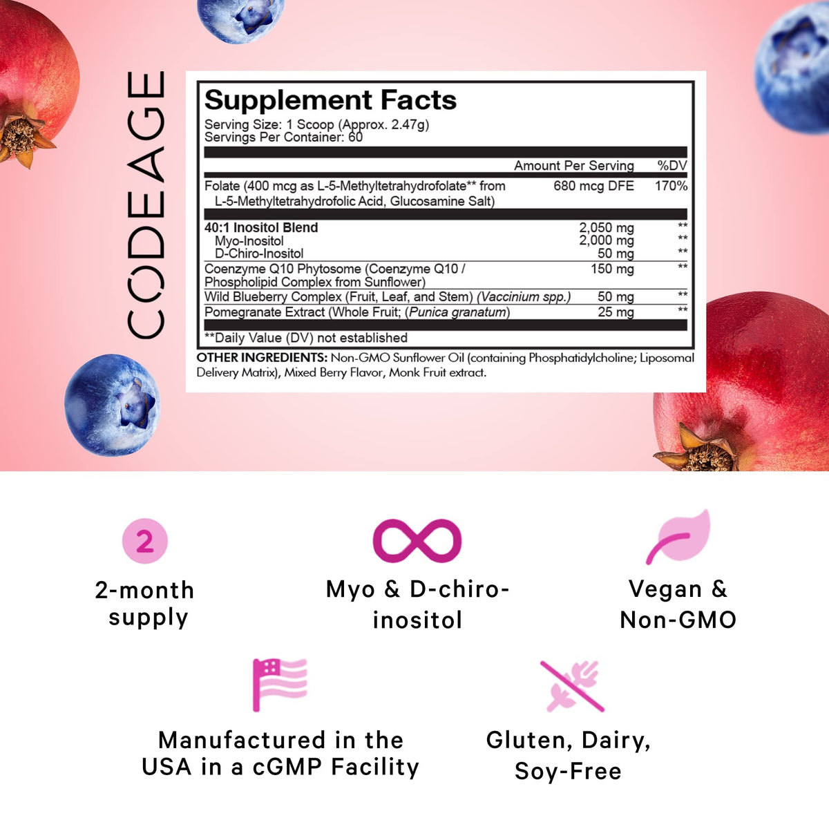 Codeage Liposomal Ovarian Inositol Powder - Myo-Inositol & D-Chiro-Inositol 40:1 Blend, Folate 5-MTHF, CoQ10, Pomegranate & Wild Blueberry - 2-Month Supply - Mixed Berry Flavor - Non-GMO, 60 Servings CodeageBuy Supplements Australia