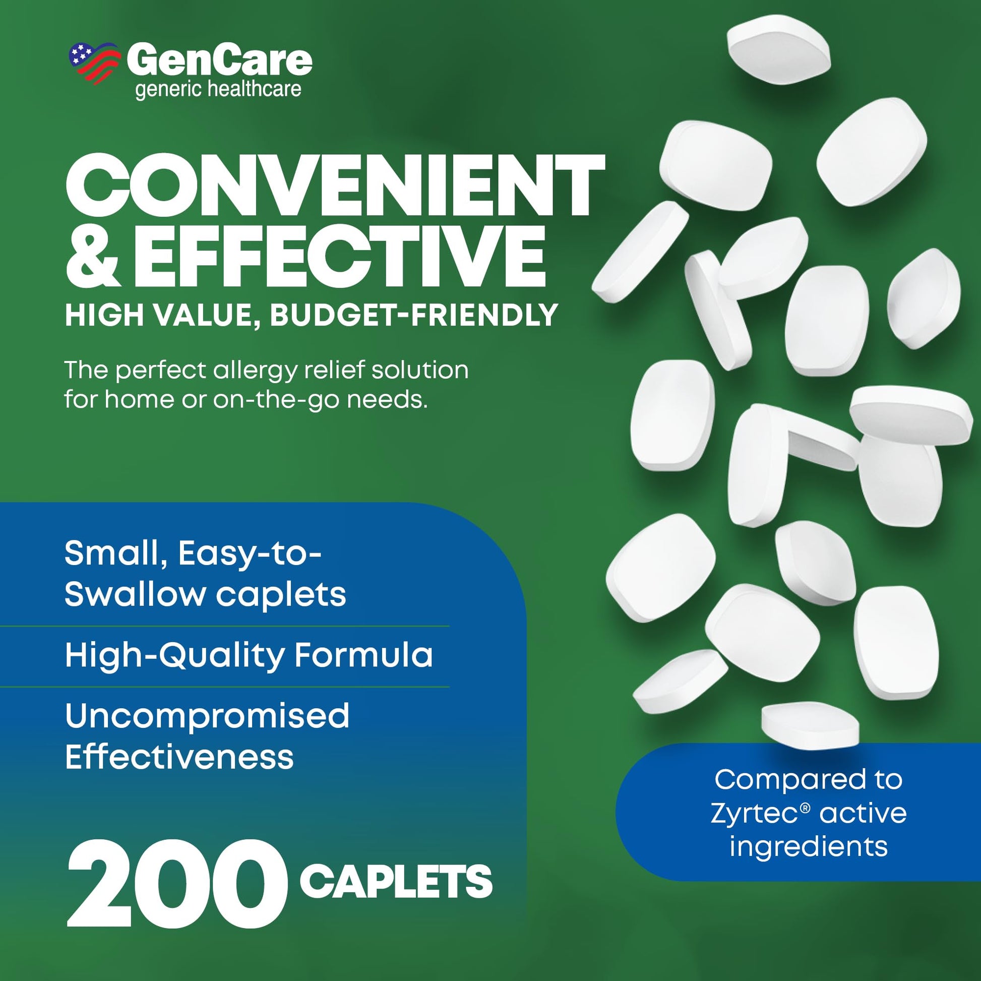 GenCare - Cetirizine HCL 10 mg (200 Caplets) - 24 Hour Allergy Relief Pills - Non Drowsy Generic OTC Allergy Medication - Antihistamine Medicine for Sneezing, Runny Nose & Itchy Eyes - Generic Zyrtec GenCare buy supplements Au