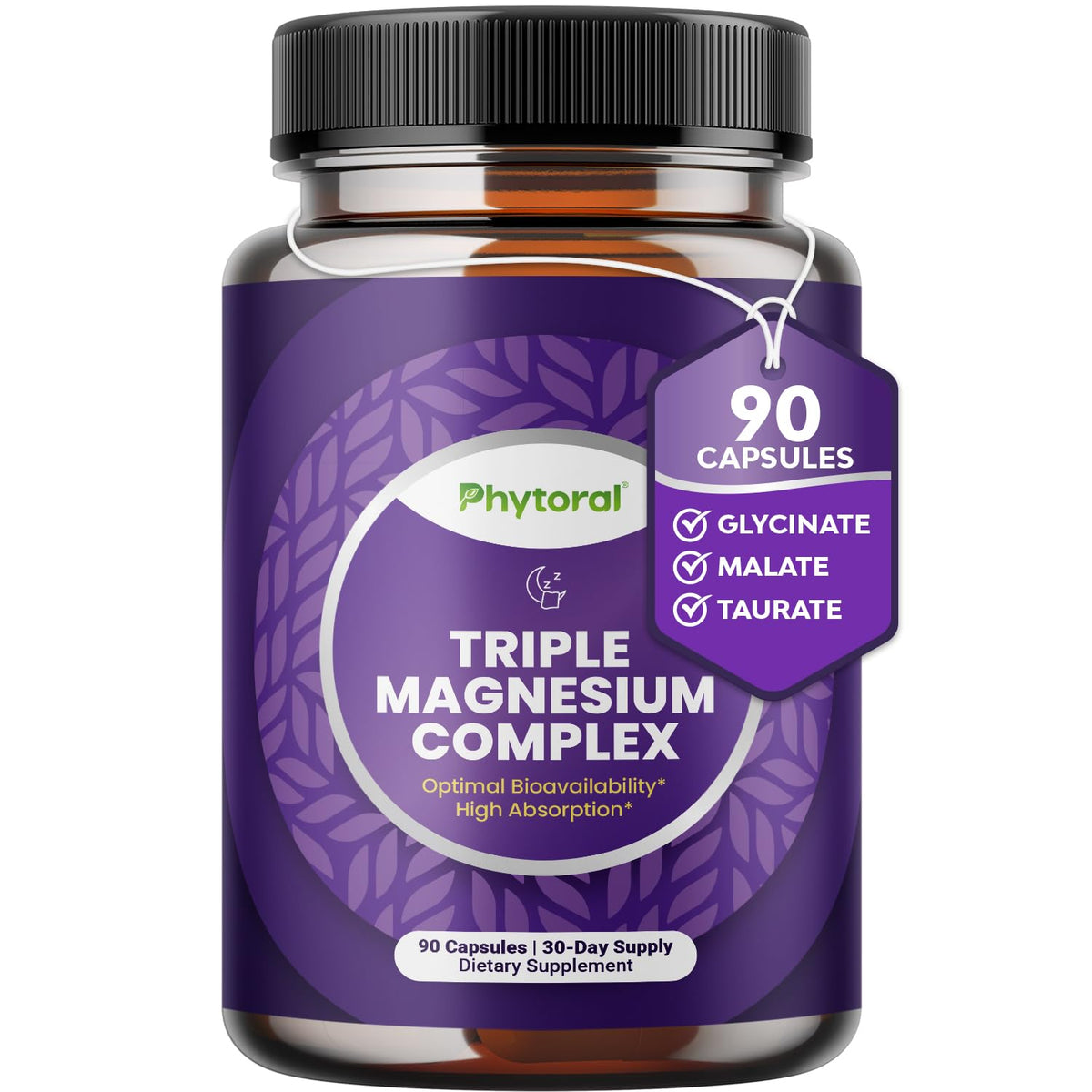 Supplement bottle labeled 'Triple Magnesium Complex' by Phytoral on a white background