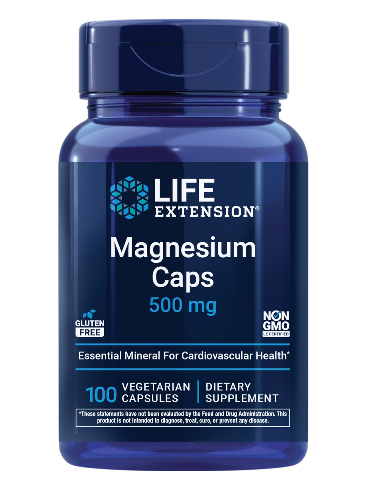 Blue bottle of Life Extension Magnesium Caps on a white background