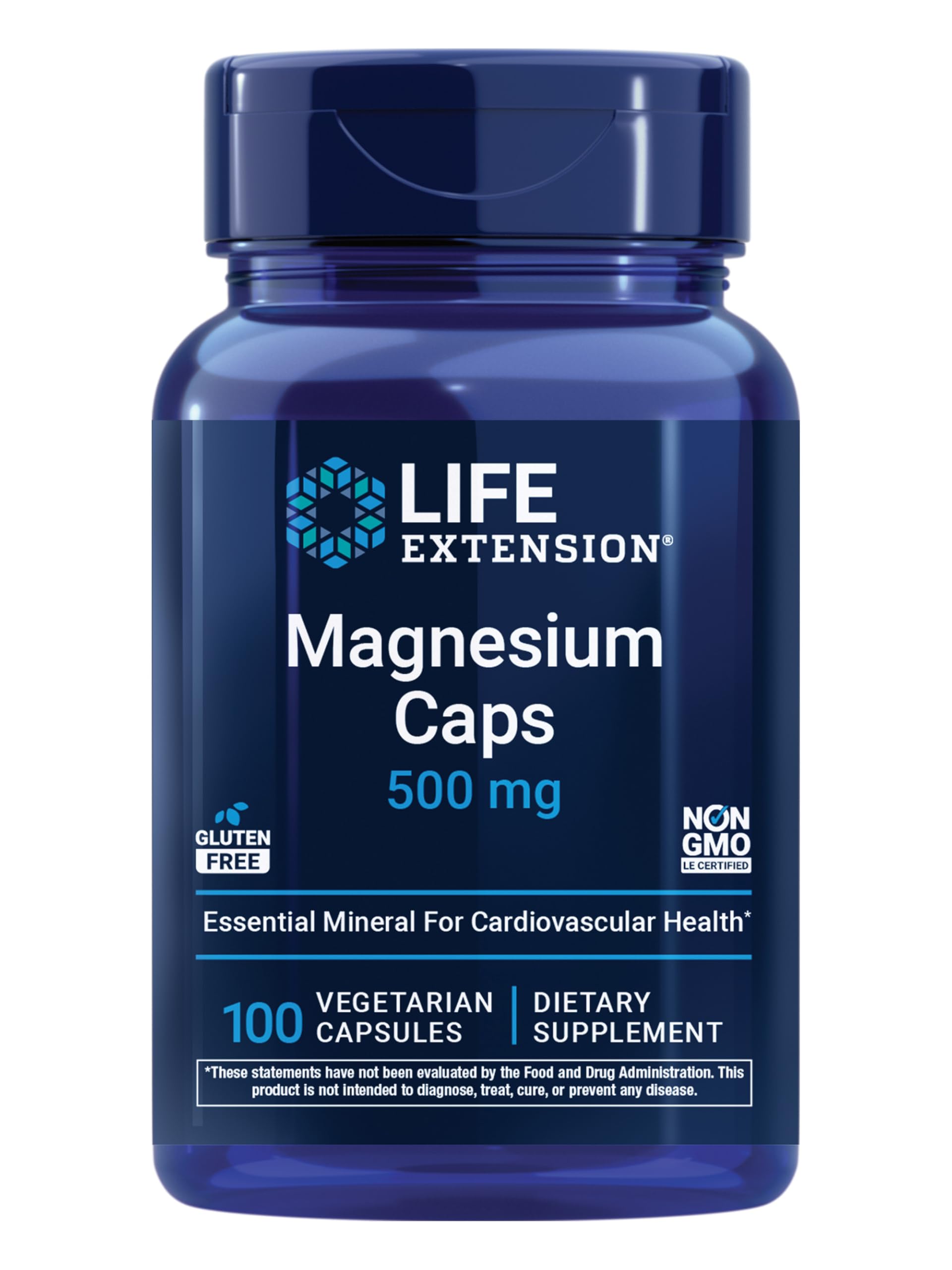 Blue bottle of Life Extension Magnesium Caps on a white background