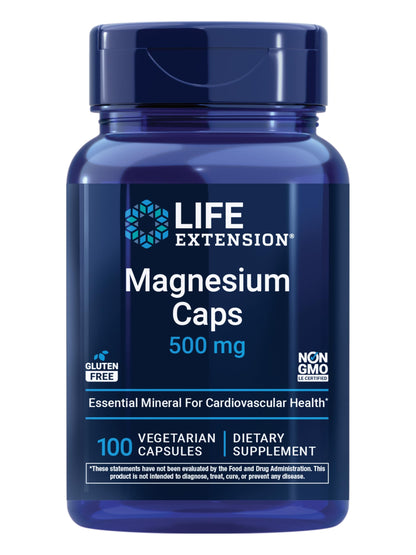 Blue bottle of Life Extension Magnesium Caps on a white background